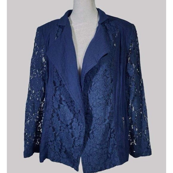Chico's 1 M 8 10 Navy Blue Sheer Lace 3/4 Sleeves Open Front Zip Pockets Jacket - Picture 8 of 10